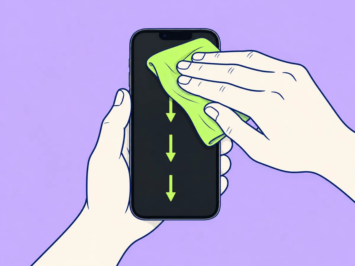 Illustration of a microfibre cloth wiping the front of an iPhone 17e from top to bottom
