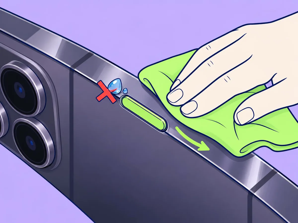 Illustration of a cloth wiping the shiny frame and side button of an iPhone 14 Pro, with a water drop at the button gap crossed out