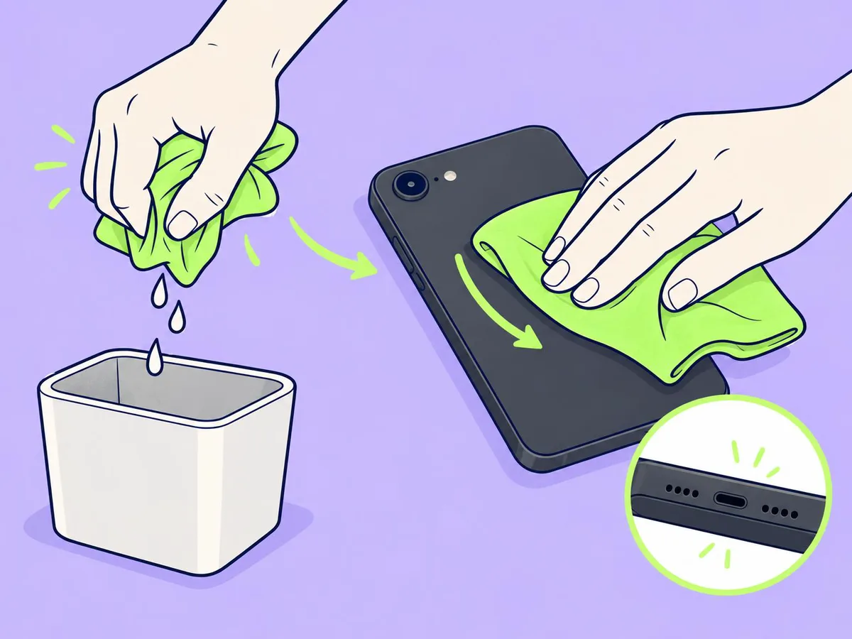 Illustration of a wipe being squeezed out over a small bin, then wiping the back of an iPhone, with the bottom openings marked to keep dry