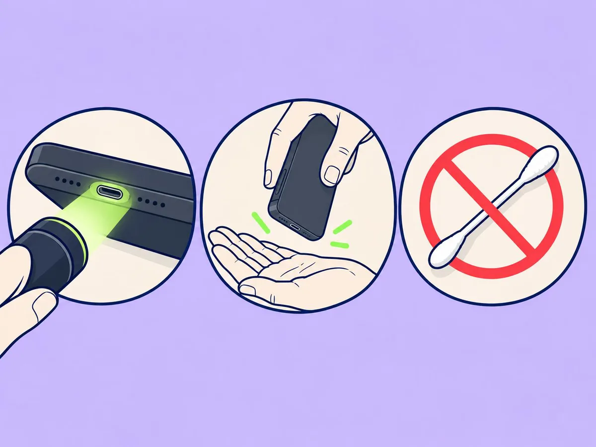 Illustration of a torch shining into a USB-C port, an iPhone tapped port-down on a palm, and a cotton swab crossed out
