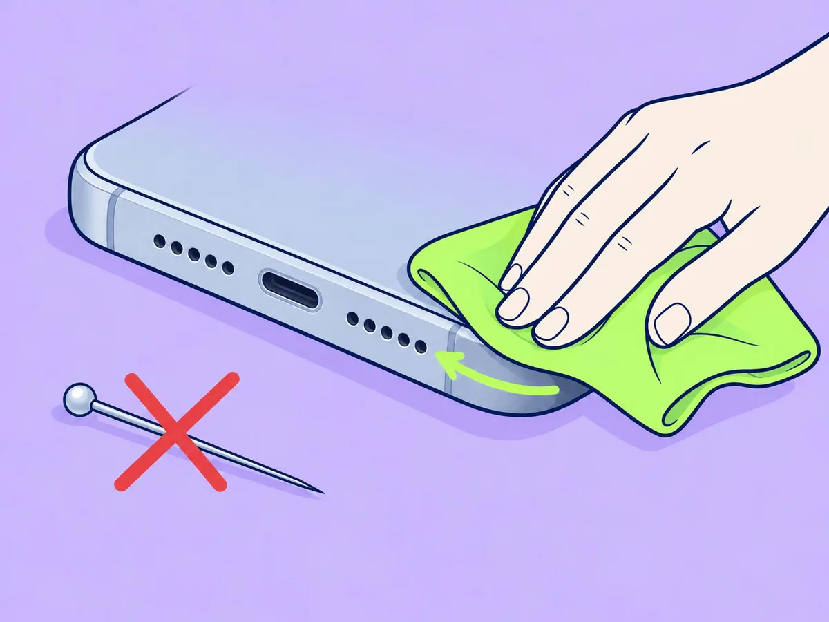 Illustration of a cloth wiping across the bottom speaker grille of an iPhone, with a pin crossed out