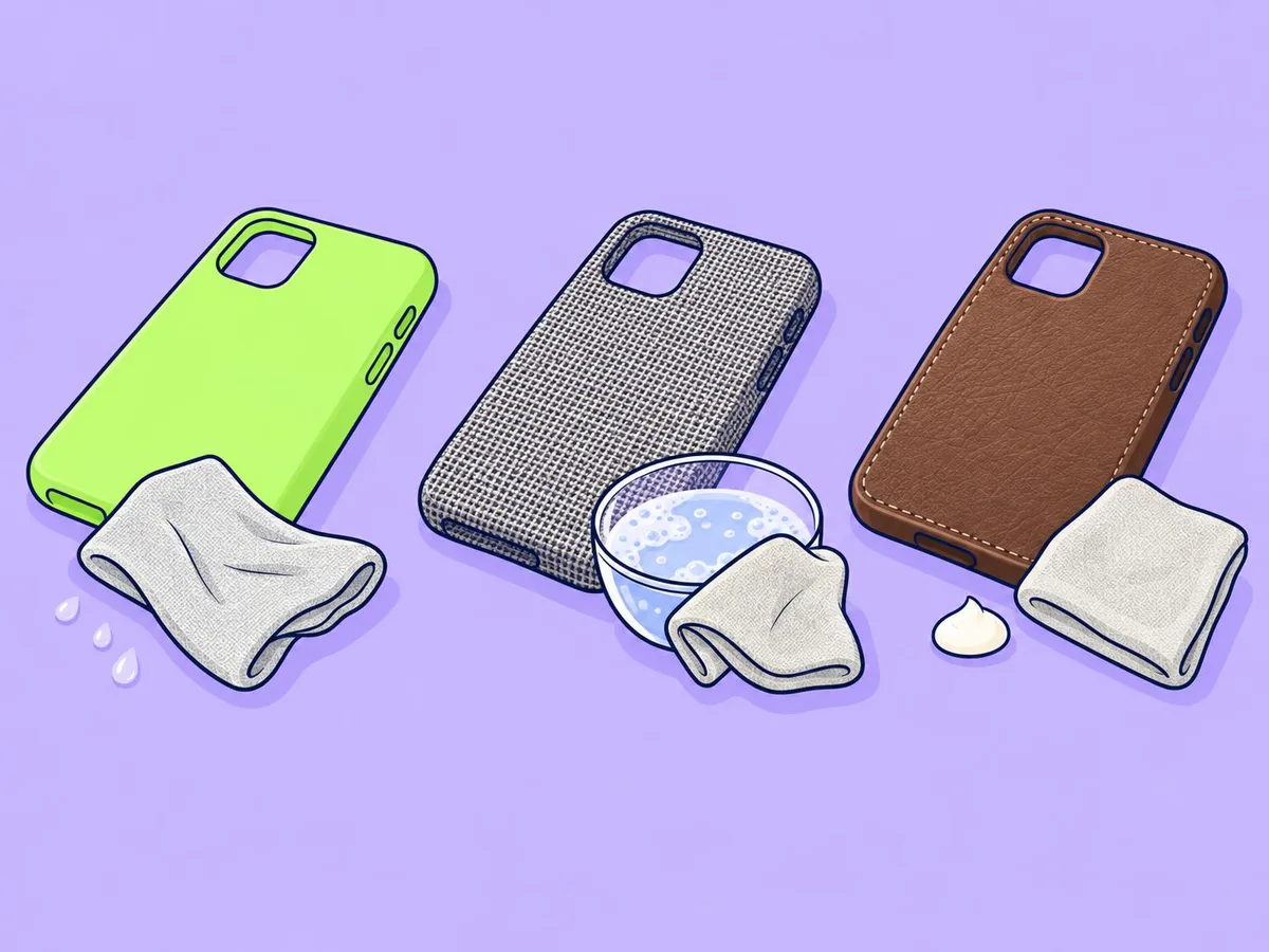 Illustration of a silicone case with a damp cloth, a woven case with a bowl of soapy water, and a leather case with mild soap