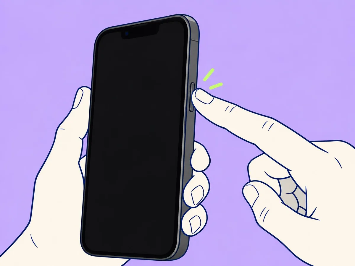 Illustration of a finger holding the side button on the right edge of an iPhone 17e with a blank screen