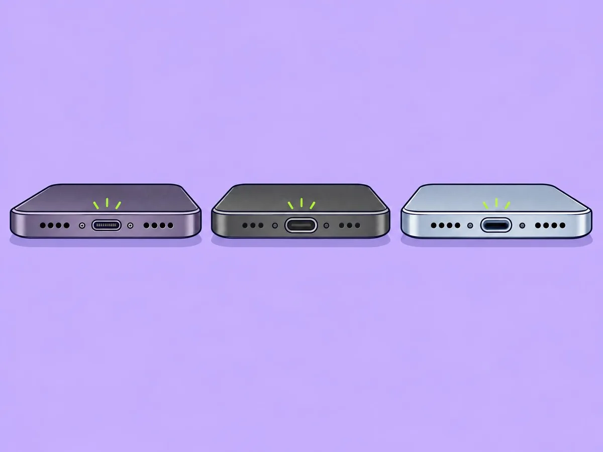 Illustration of the bottom edges of three iPhones: a Lightning port on the iPhone 14 Pro and USB-C ports on the iPhone 17e and iPhone 18 Pro
