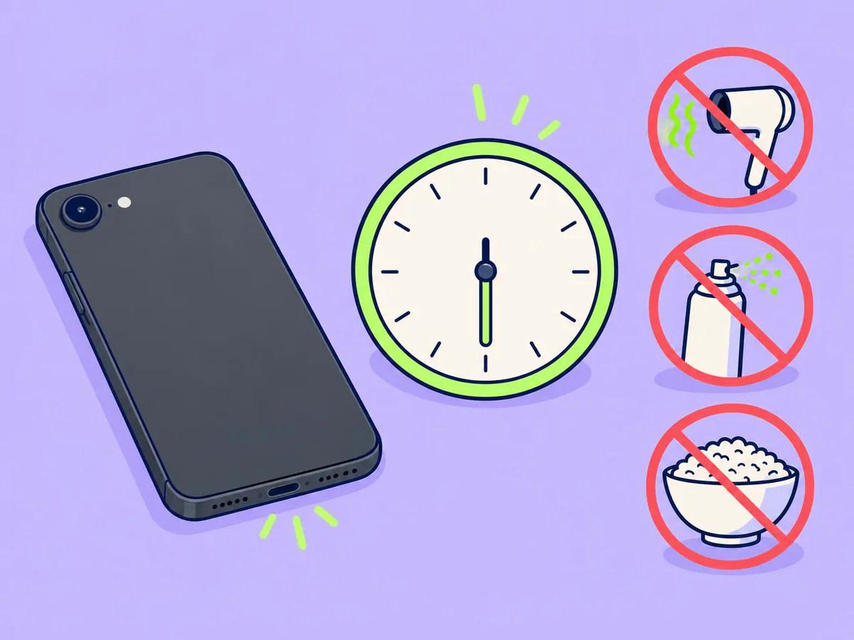 Illustration of an iPhone 17e lying beside a clock, with a hair dryer, a compressed-air can and a bowl of rice crossed out