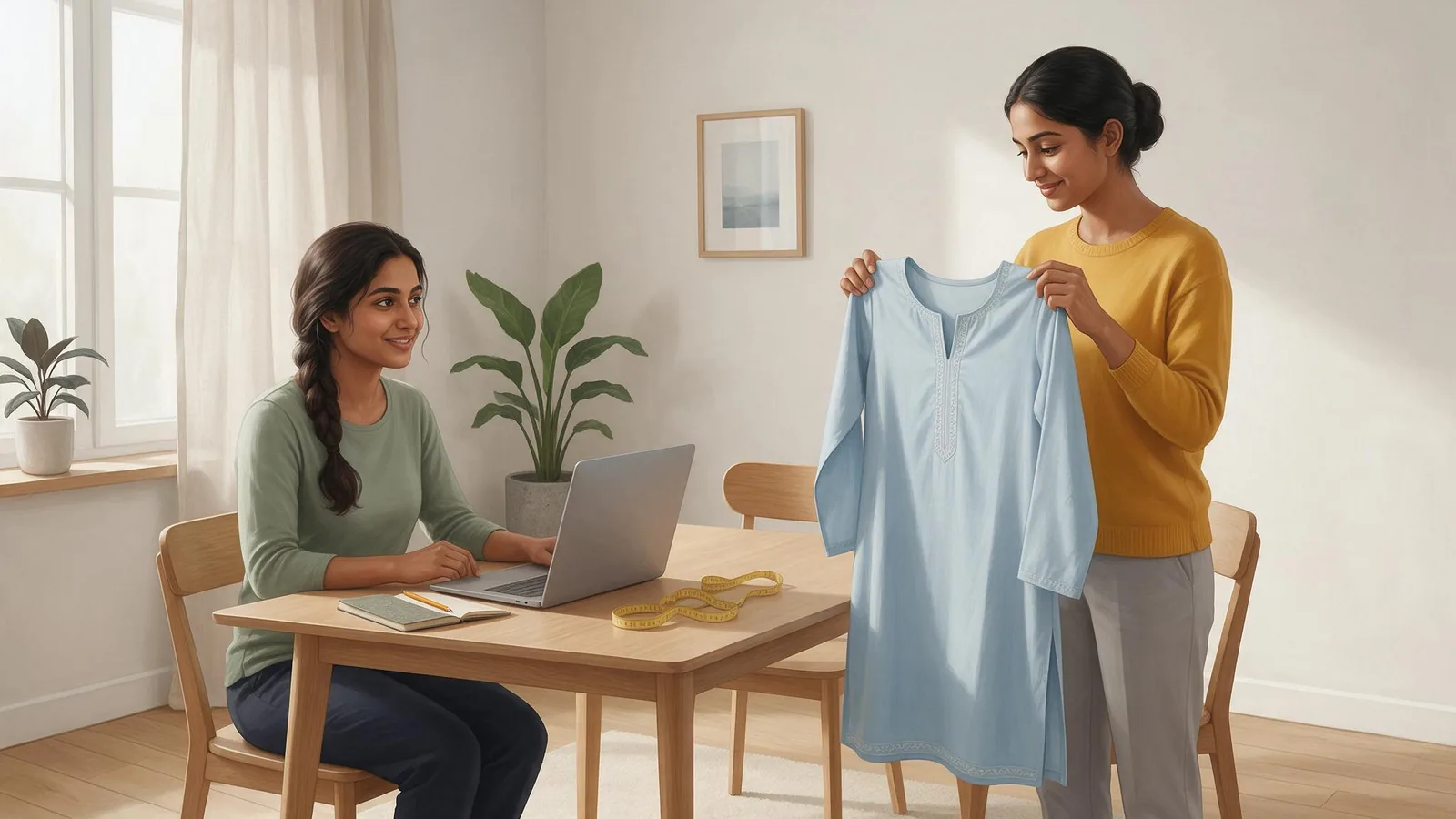 Illustration of Ayesha at a table with her laptop, a tape measure and her notebook, while her sister Hina holds up a light-blue kurta