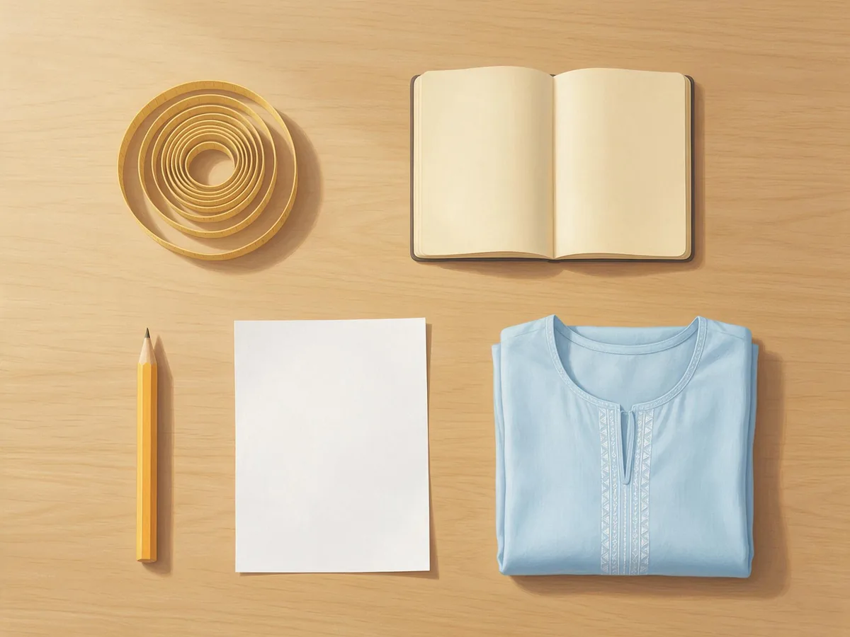 Illustration of a soft tape measure with centimetres and inches, a notebook, a pencil, a sheet of paper and a kurta folded on a table
