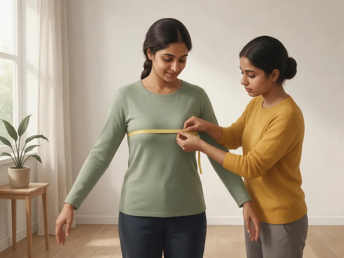 Illustration of Hina holding a tape measure level round the fullest part of Ayesha's bust, with Ayesha standing relaxed