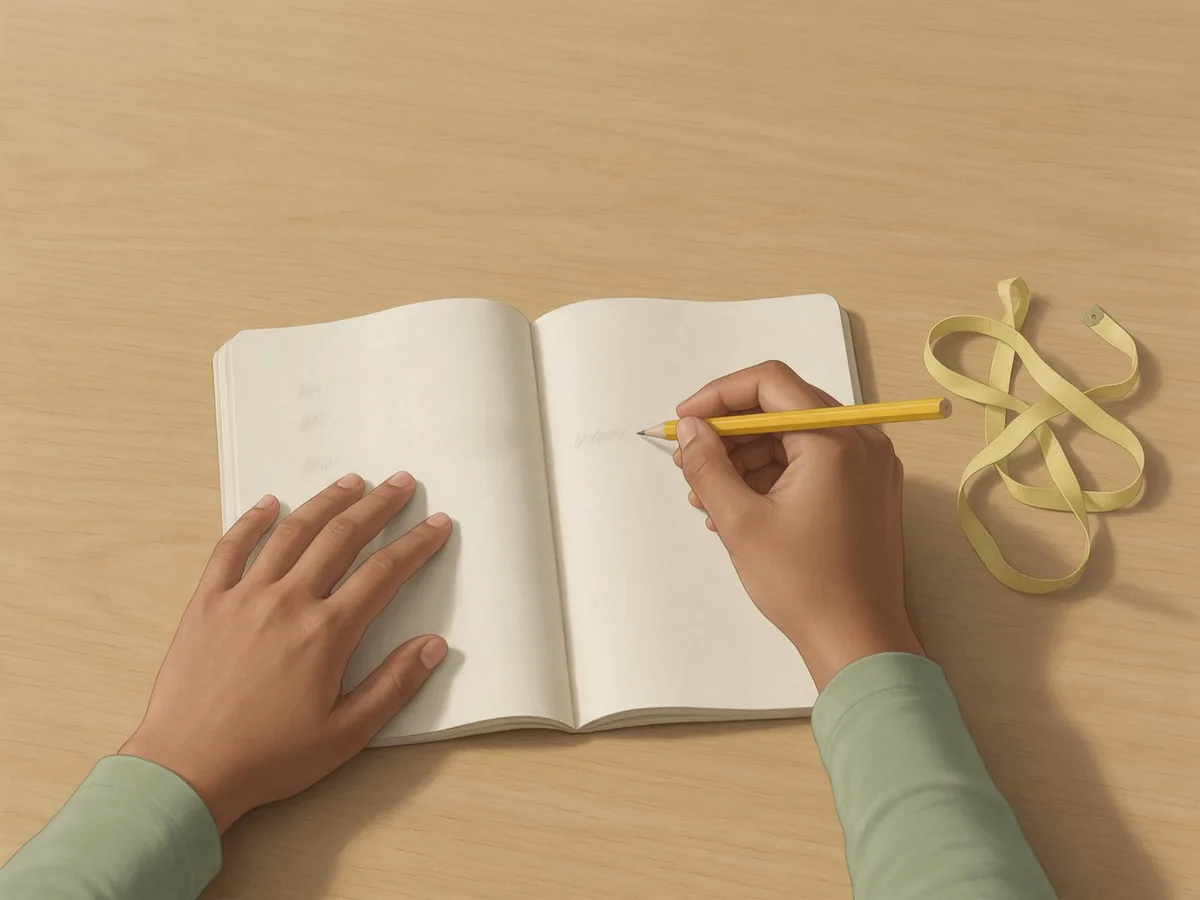 Illustration of Ayesha's hands over an open notebook: three measurements in centimetres on the left page, and she is writing the first in inches on the right page