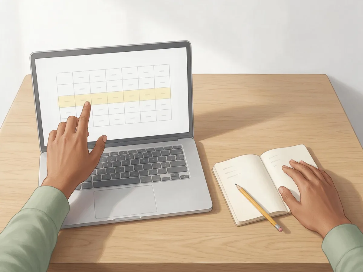 Illustration of Ayesha at her laptop, running a finger along a size chart while her notebook lies open beside it