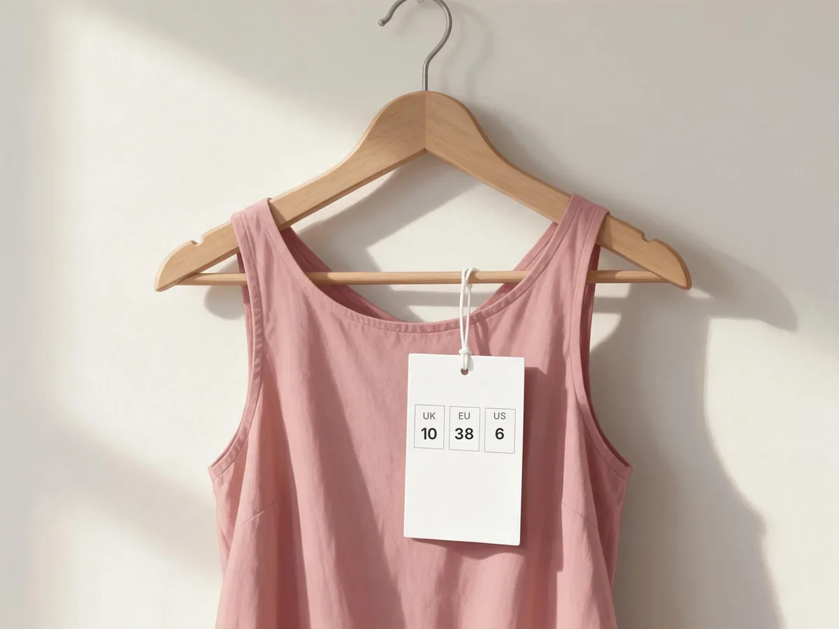 Illustration of a dress on a hanger with its card swing tag showing three size boxes, UK 10, EU 38 and US 6