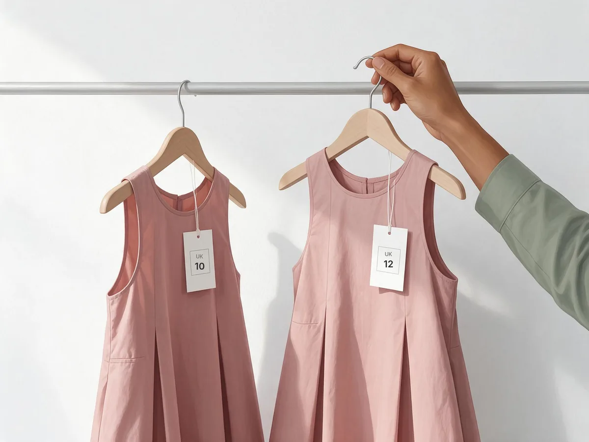 Illustration of two of the same stiff cotton dress on a rail, tagged UK 10 and UK 12, with Ayesha's hand taking the UK 12
