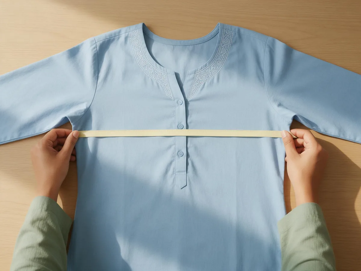 Illustration of Ayesha measuring a kurta laid flat on a table, straight across from one underarm seam to the other