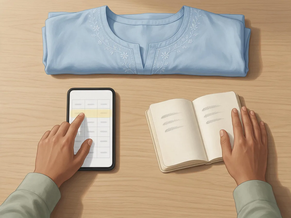 Illustration of Ayesha comparing her notebook with a size chart on her phone, with her folded kurta beside them