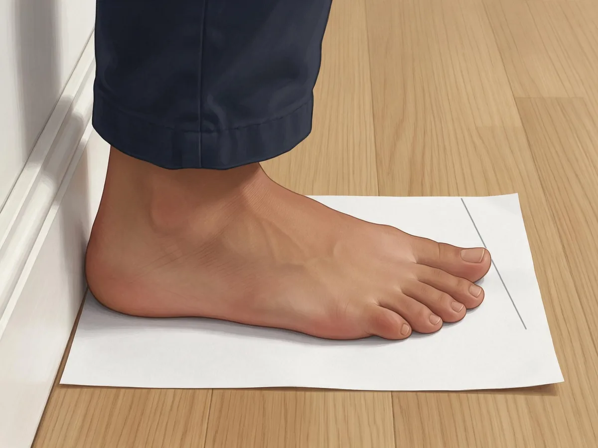 Illustration of a bare foot standing on a sheet of paper, heel against the skirting board, with a pencil line across the paper at the tip of the big toe