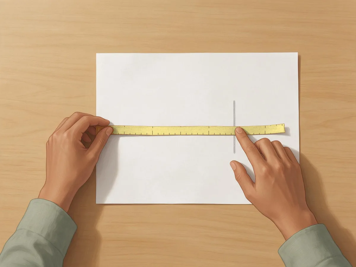 Illustration of Ayesha measuring the paper from the heel edge to the pencil mark with the tape