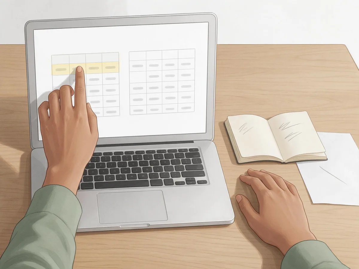 Illustration of Ayesha comparing two shoe size charts on her laptop with her notebook beside it