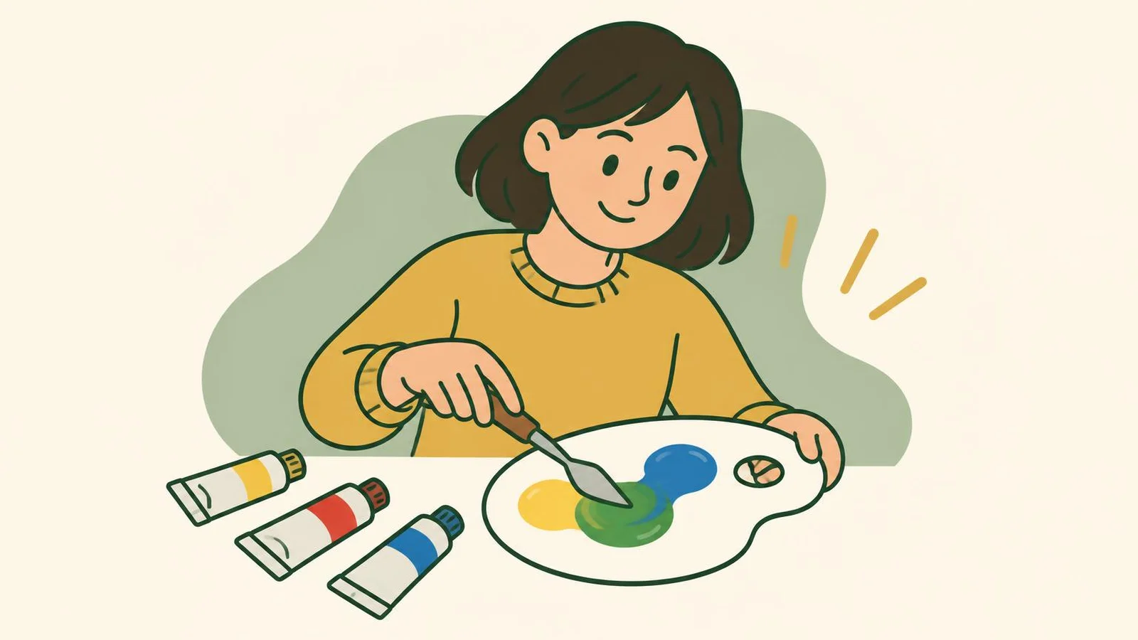 Illustration of a woman mixing two blobs of paint together on a palette with a palette knife, three tubes of paint beside her