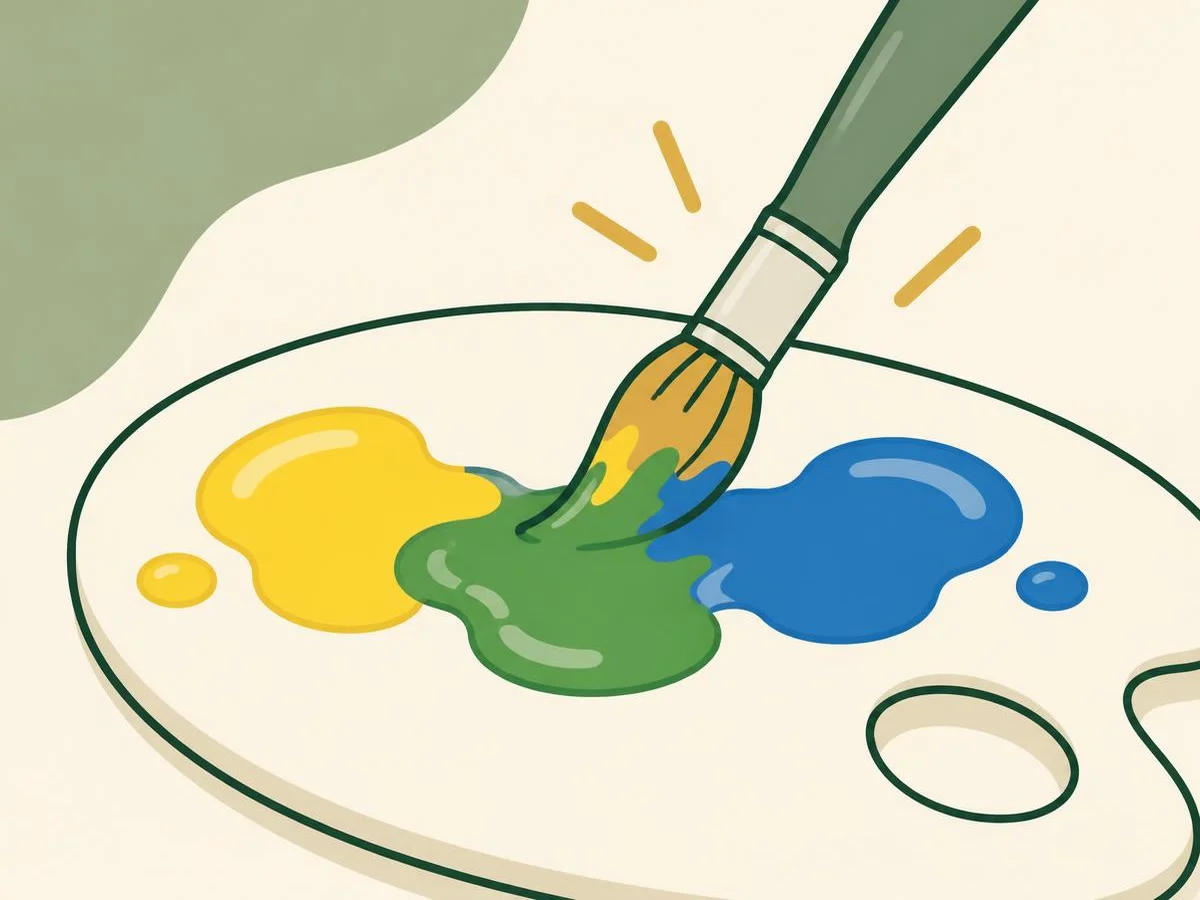 Illustration of a brush pulling a blob of yellow and a blob of blue together on a palette, the middle turning green