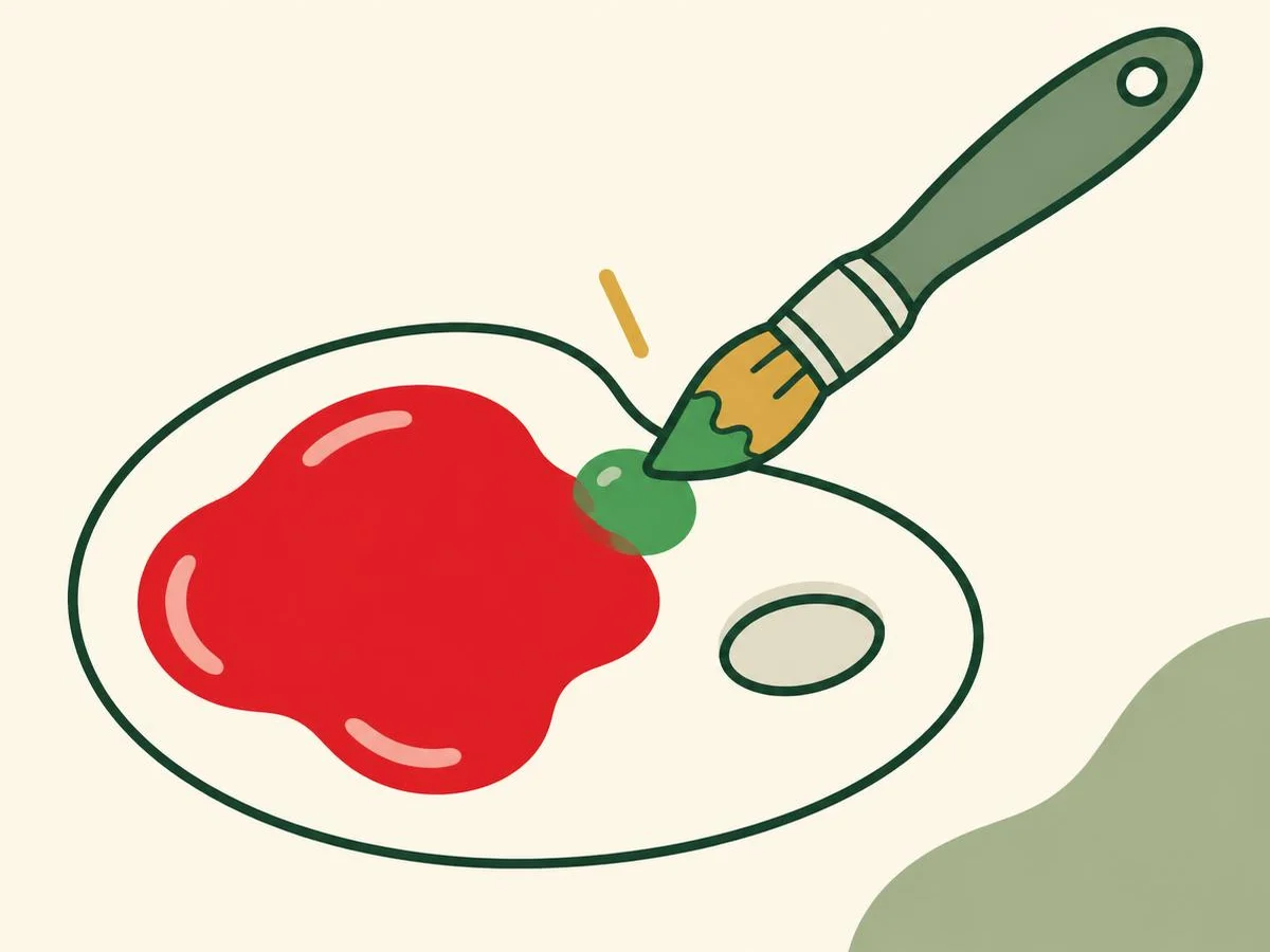 Illustration of a brush tip adding a tiny dab of green paint into a large pool of bright red on a palette
