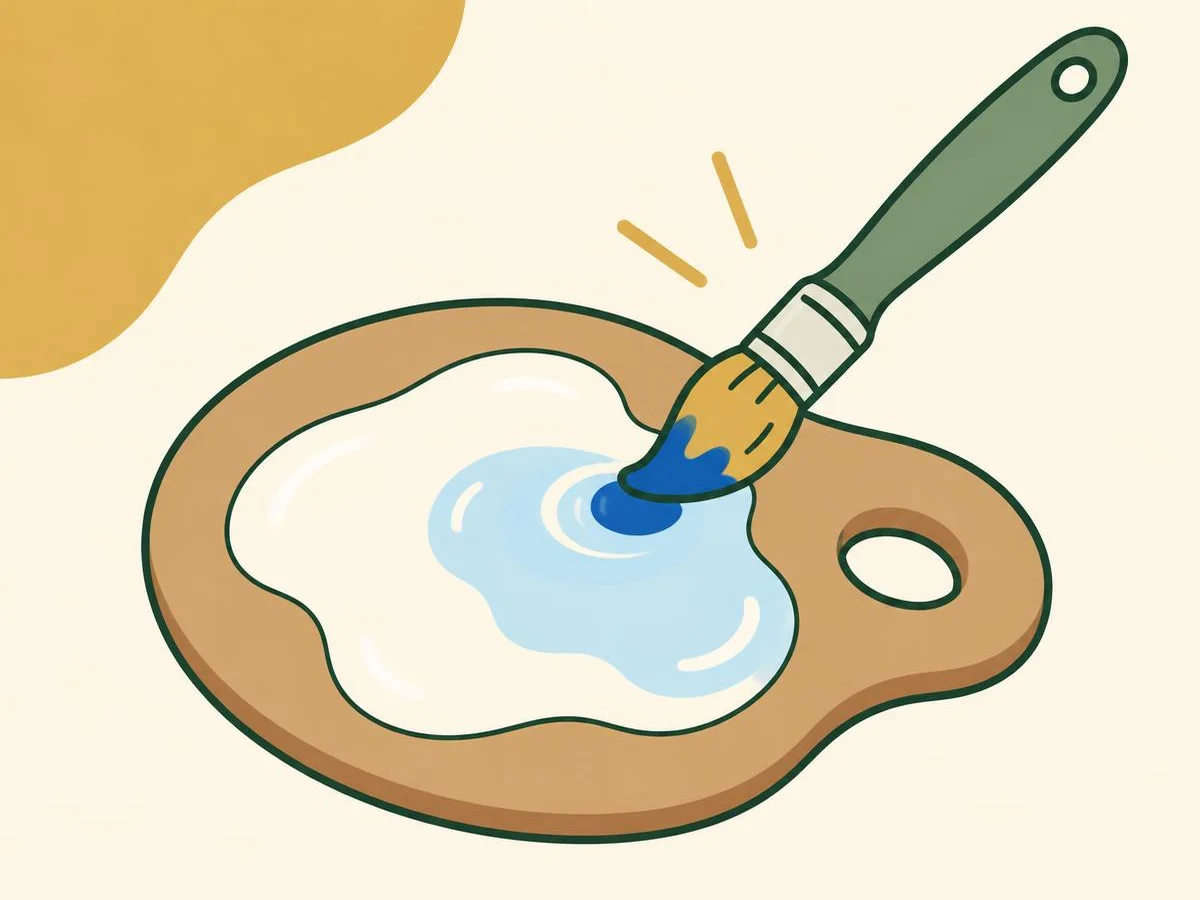 Illustration of a brush adding a small touch of blue into a larger pool of white paint, the pool turning pale blue