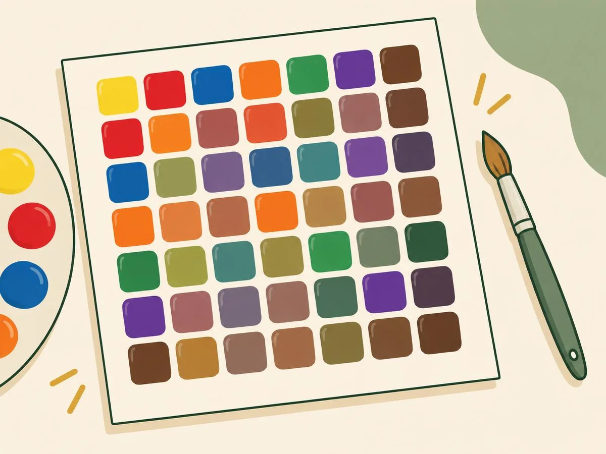 Illustration of a sheet of paper on a table with a neat grid of painted colour squares, a brush resting beside it
