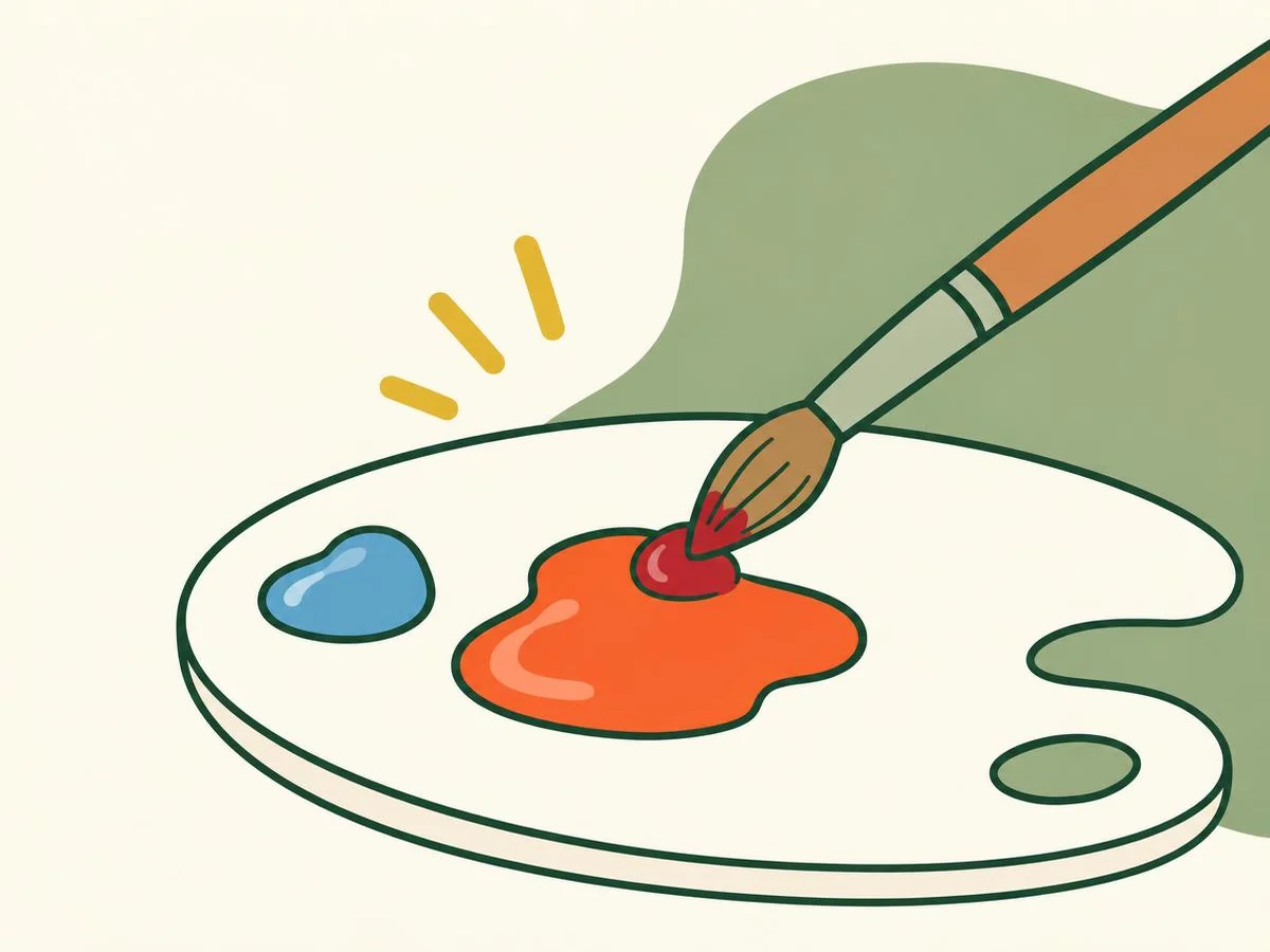 Illustration of a brush adding a small dab of deep red into a pool of bright orange-red on a palette, a dab of blue waiting at the edge