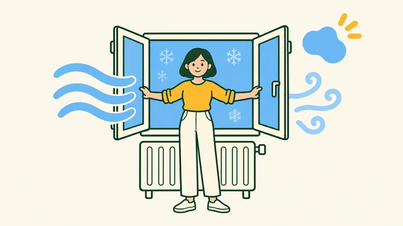 Illustration of a woman throwing both panes of a window wide open on a winter day, with fresh air coming in