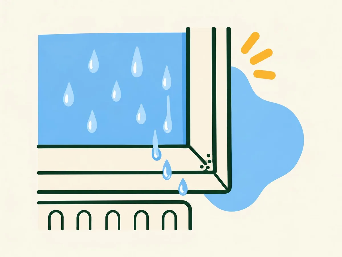 Illustration of water droplets on a window pane running onto the frame, with small dark dots in the corner