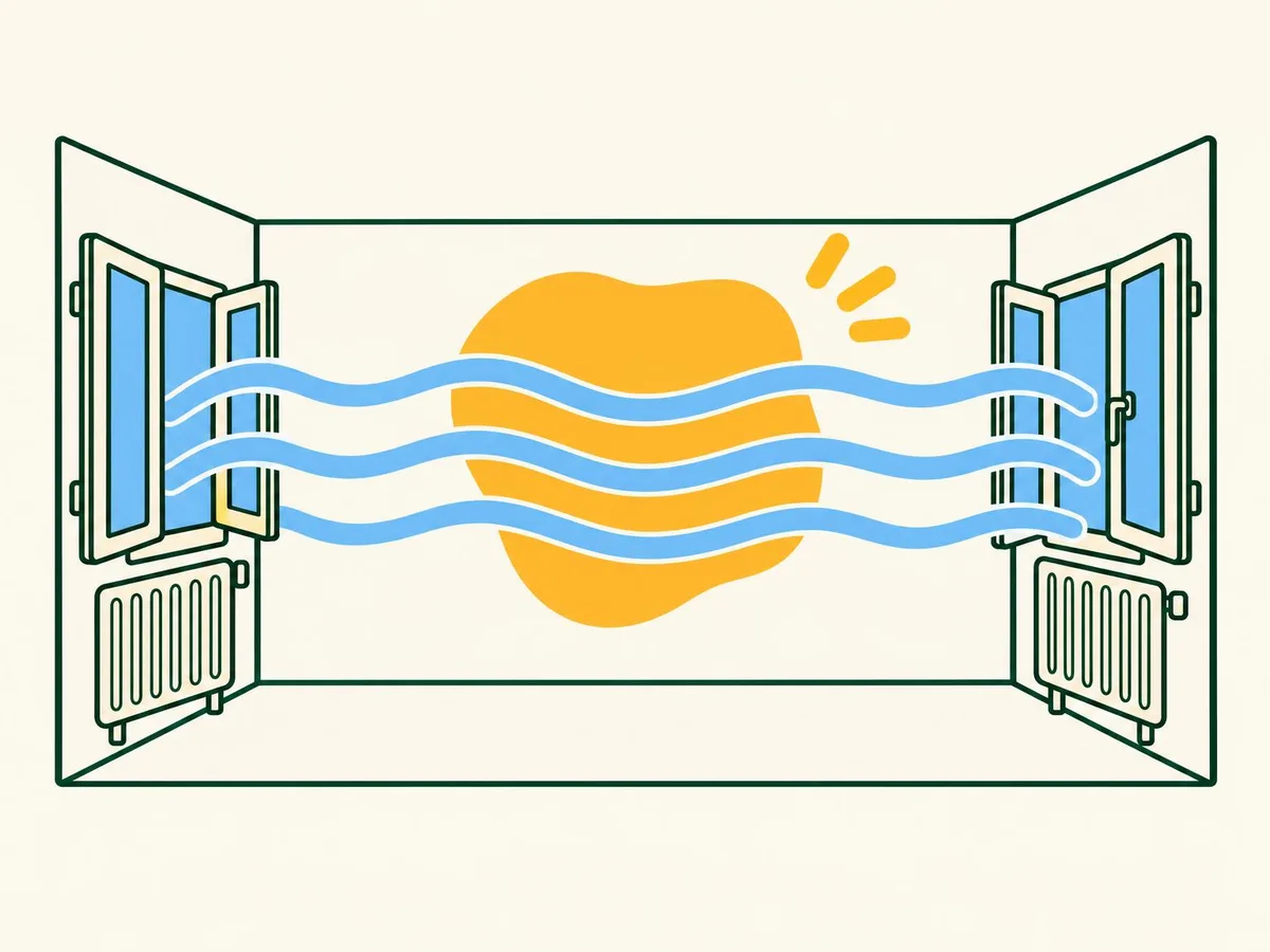 Illustration of a room with windows on opposite walls both open wide and air flowing straight across