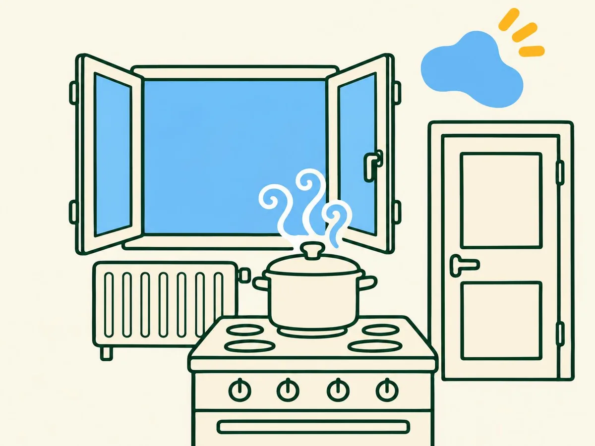 Illustration of a pan with its lid on, the kitchen window wide open and the kitchen door closed