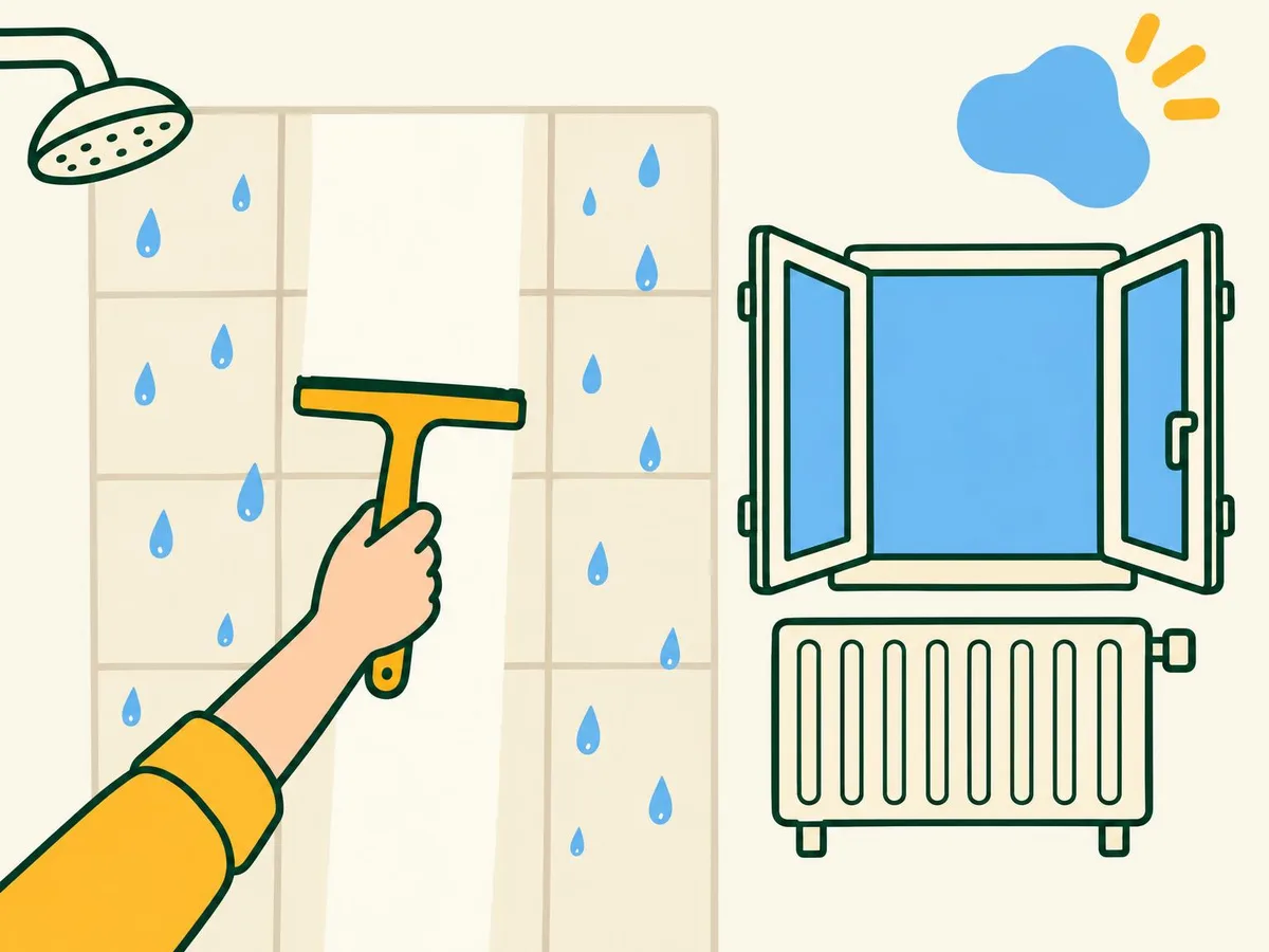 Illustration of a hand pulling a squeegee down a wet shower wall, with the bathroom window open