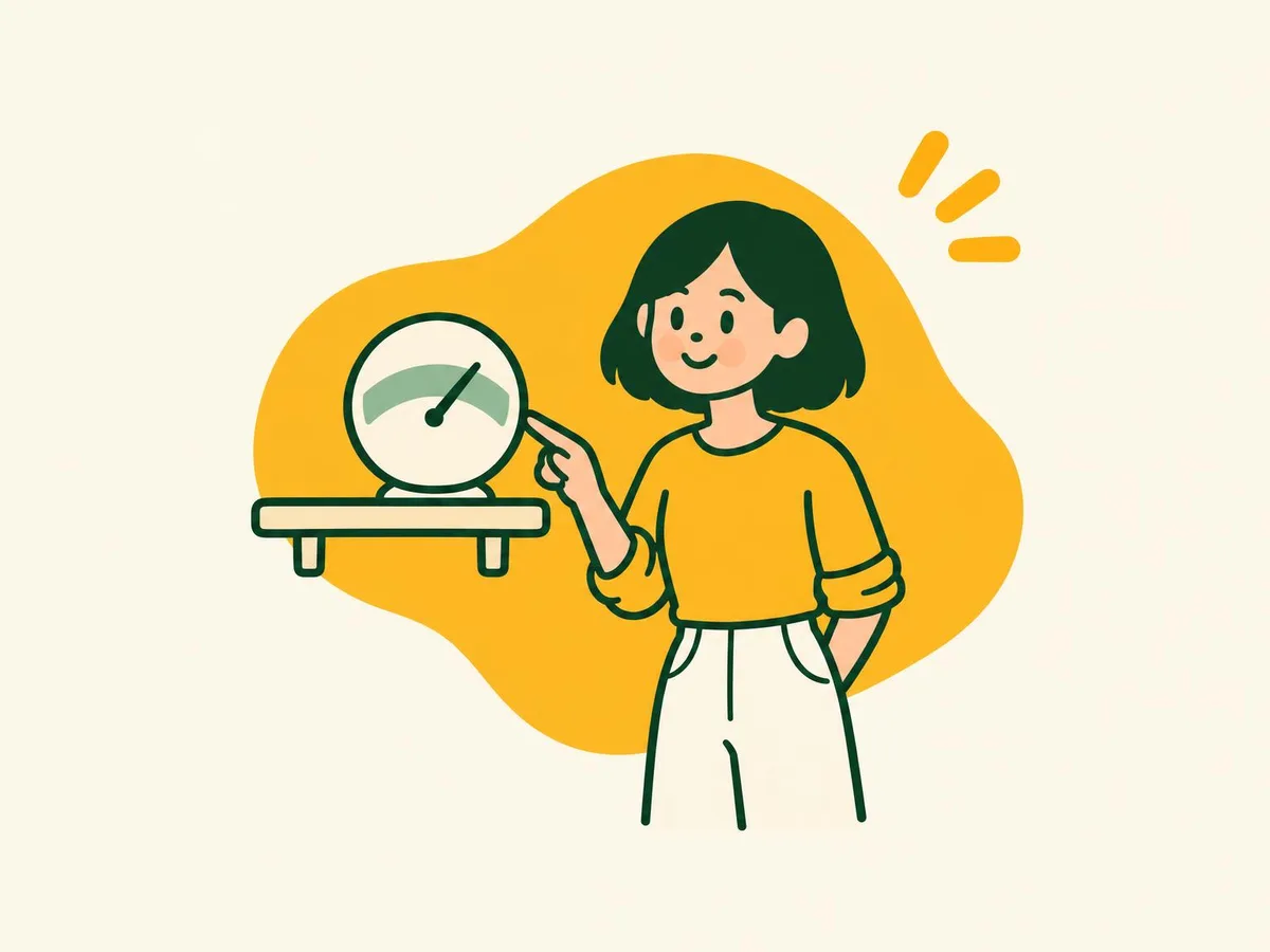 Illustration of a woman pointing at a small round hygrometer on a shelf with the needle in the middle band