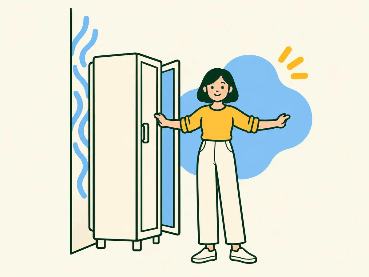 Illustration of a woman beside a wardrobe standing a little away from the wall, with air rising behind it