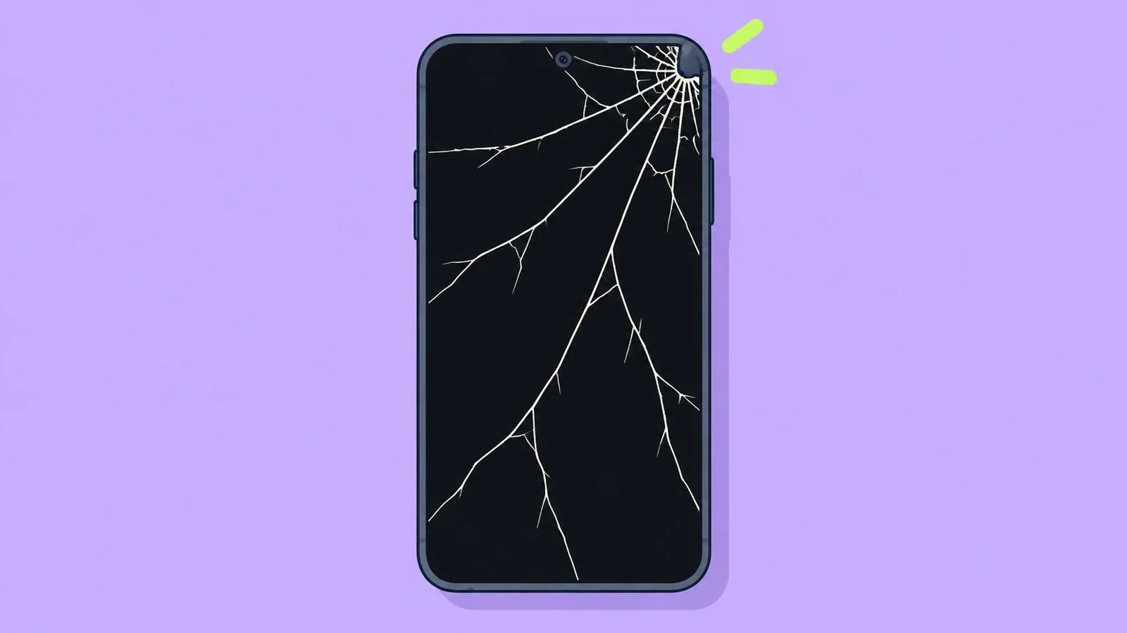 Illustration of a phone with a spiderweb of cracks spreading from its top corner