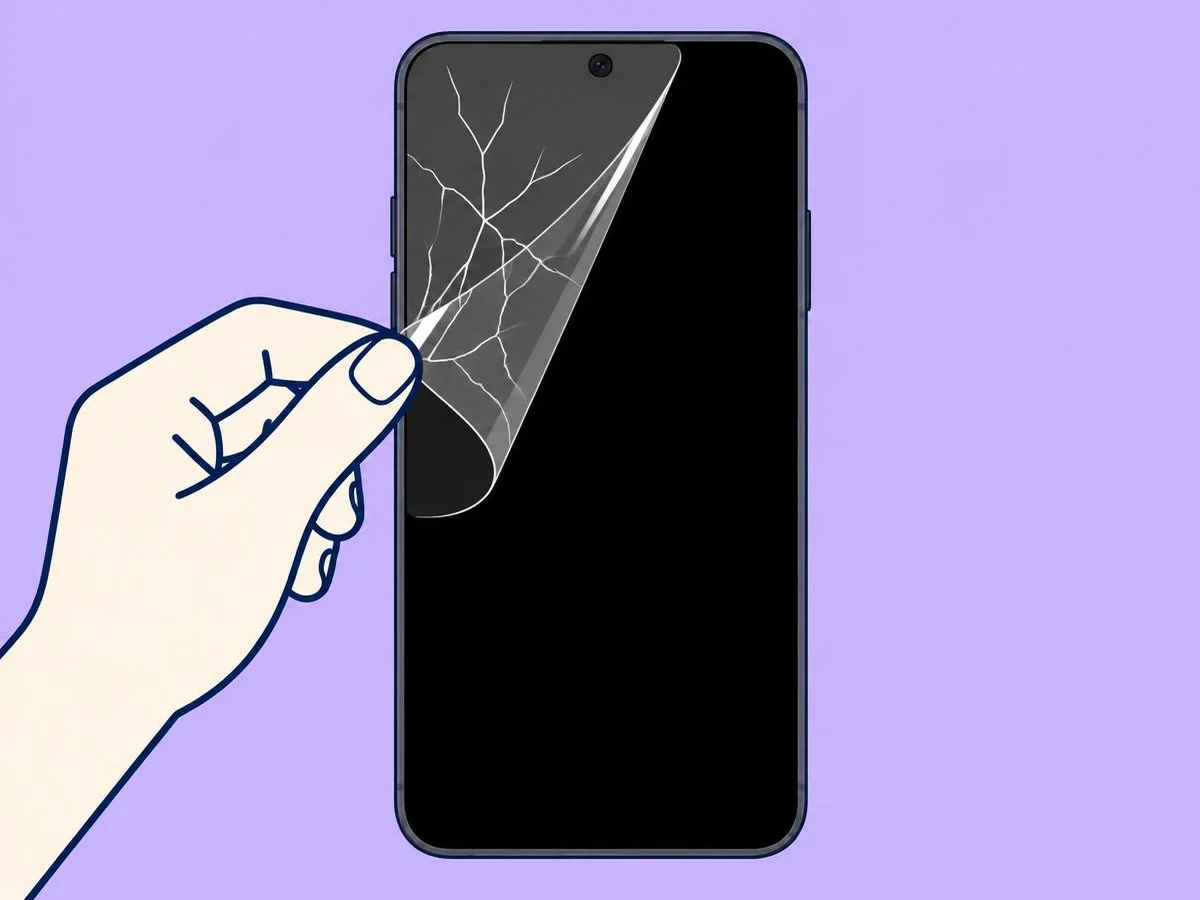 Illustration of a hand peeling a cracked screen protector off an unbroken phone screen