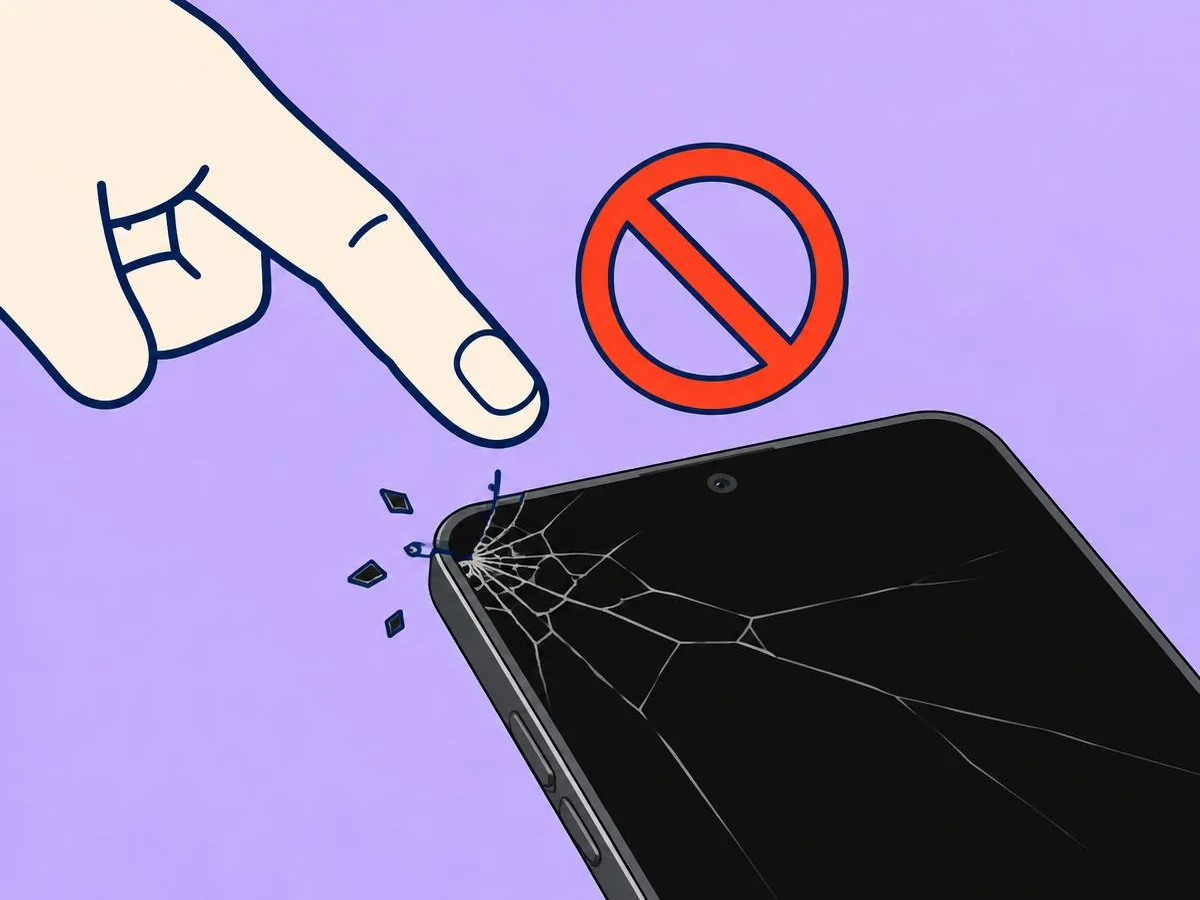 Illustration of a fingertip held back from loose glass splinters at the corner of a cracked screen, with a no sign