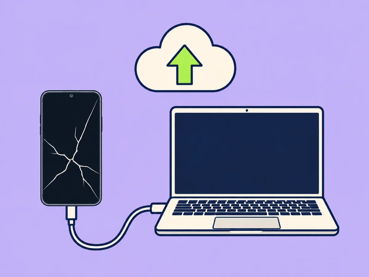 Illustration of a cracked phone plugged into a laptop by cable, with a cloud and an upload arrow above
