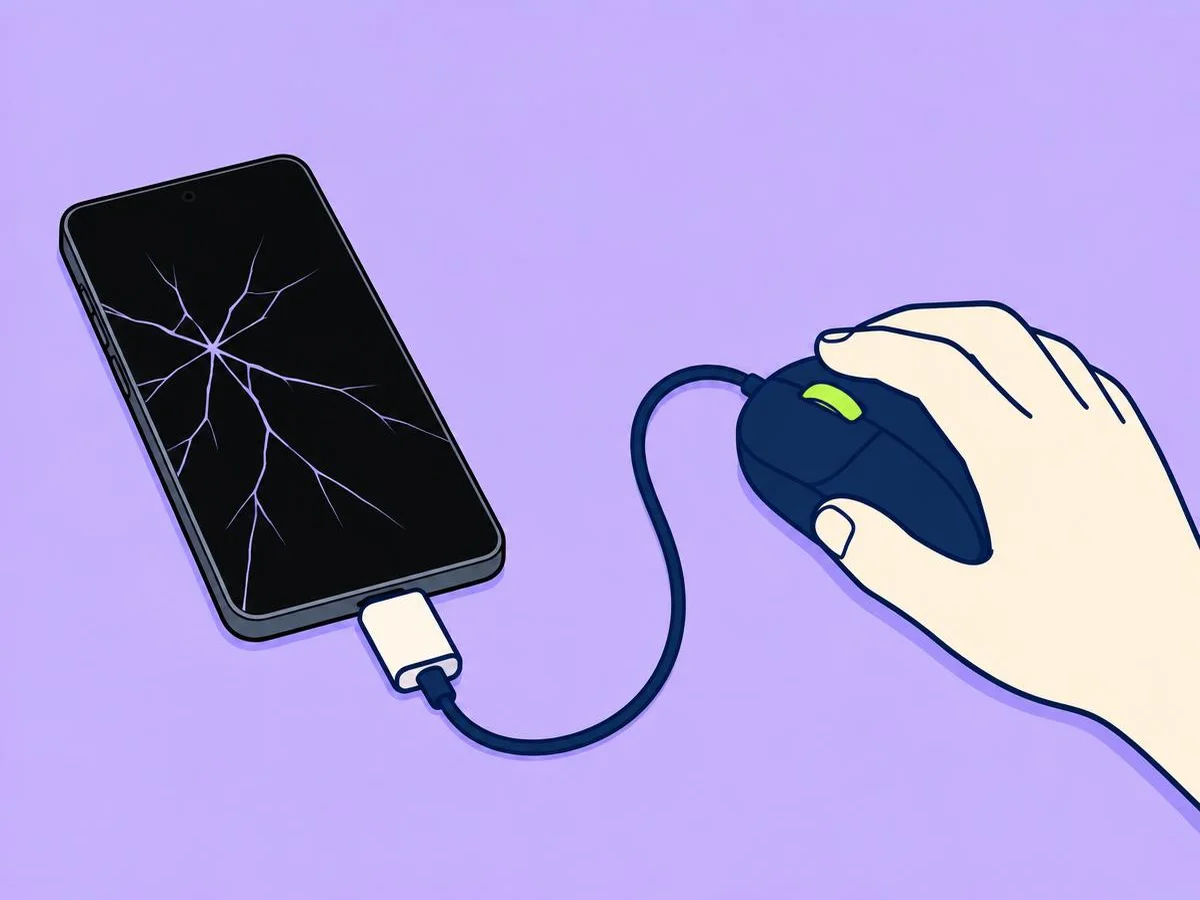 Illustration of a computer mouse connected to a cracked phone through a small USB-C adapter