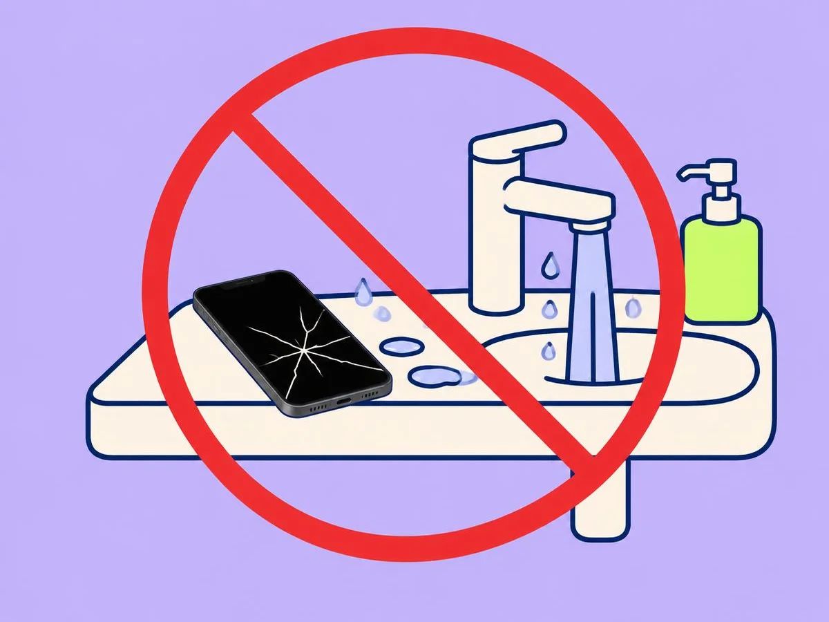 Illustration of a cracked phone next to a running tap and water drops, crossed out with a red no sign
