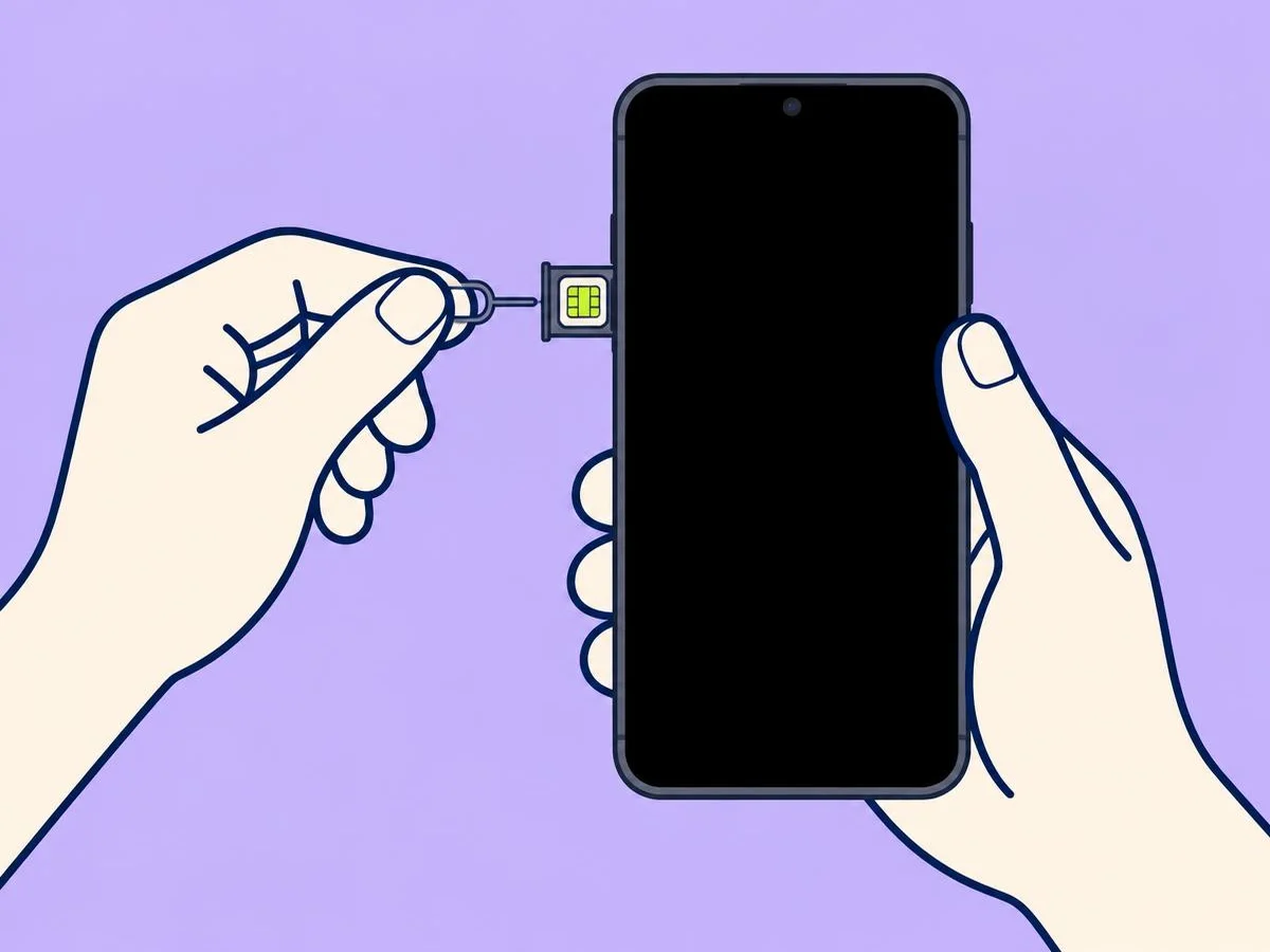 Illustration of hands taking the SIM tray out of a phone with a SIM pin