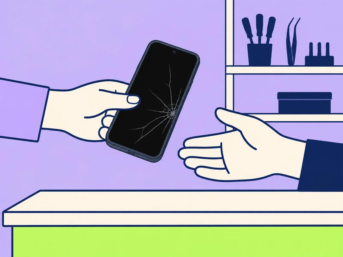 Illustration of a cracked phone being handed over a repair counter, with tools on a shelf behind