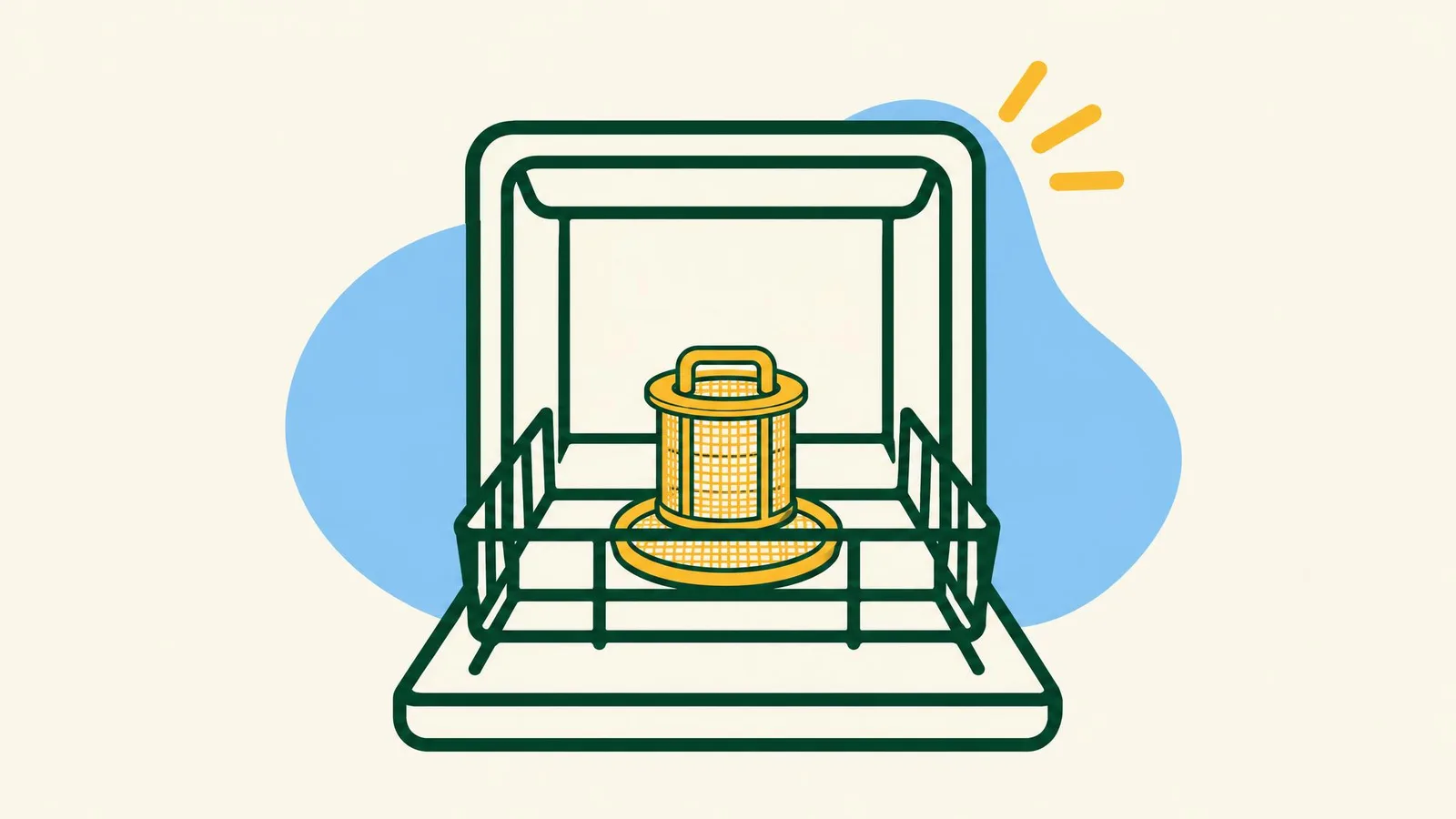 Illustration of an open dishwasher with the lower rack pulled out and the round filter in the bottom of the tub