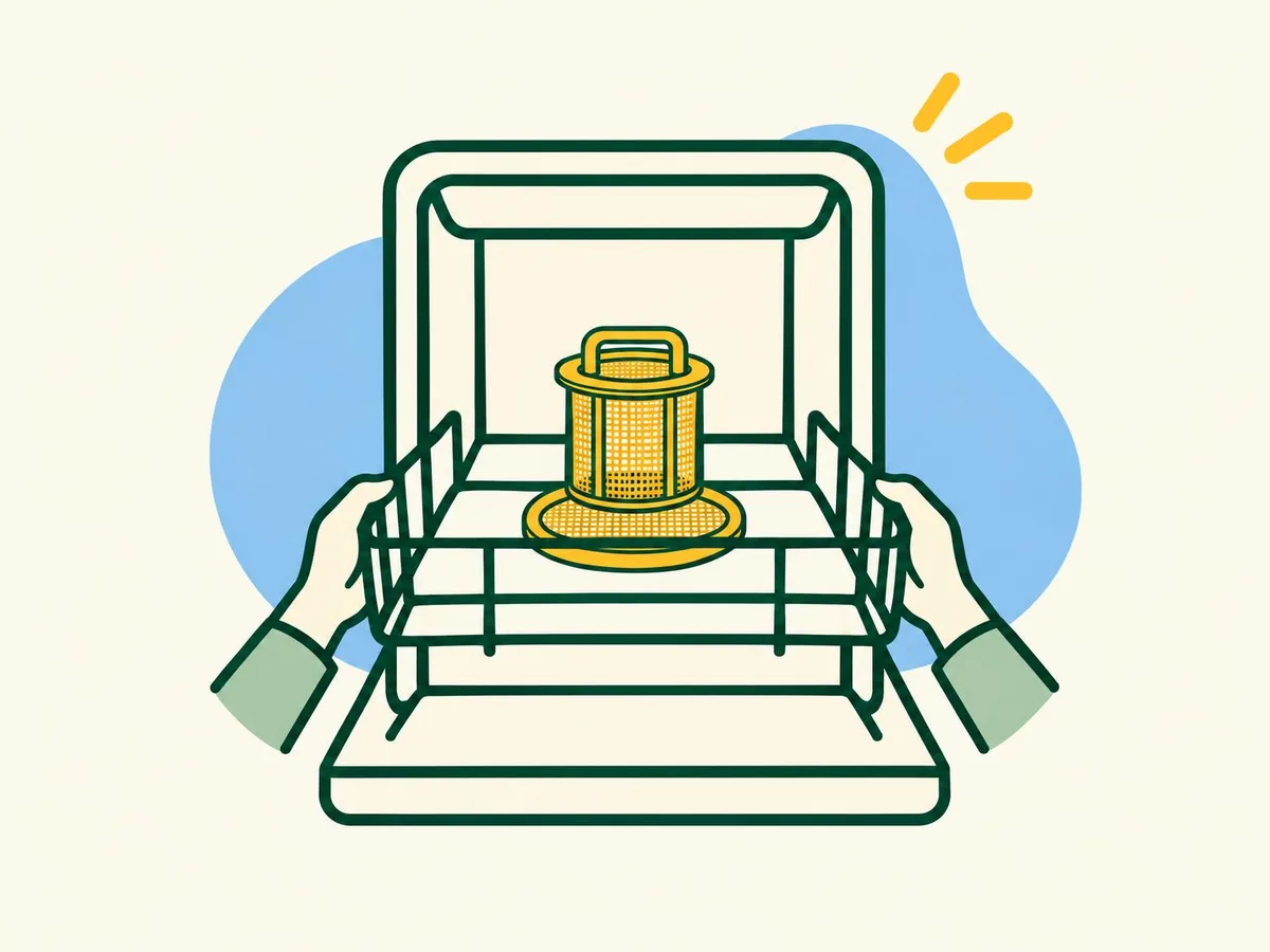 Illustration of two hands lifting the lower rack out of an open dishwasher