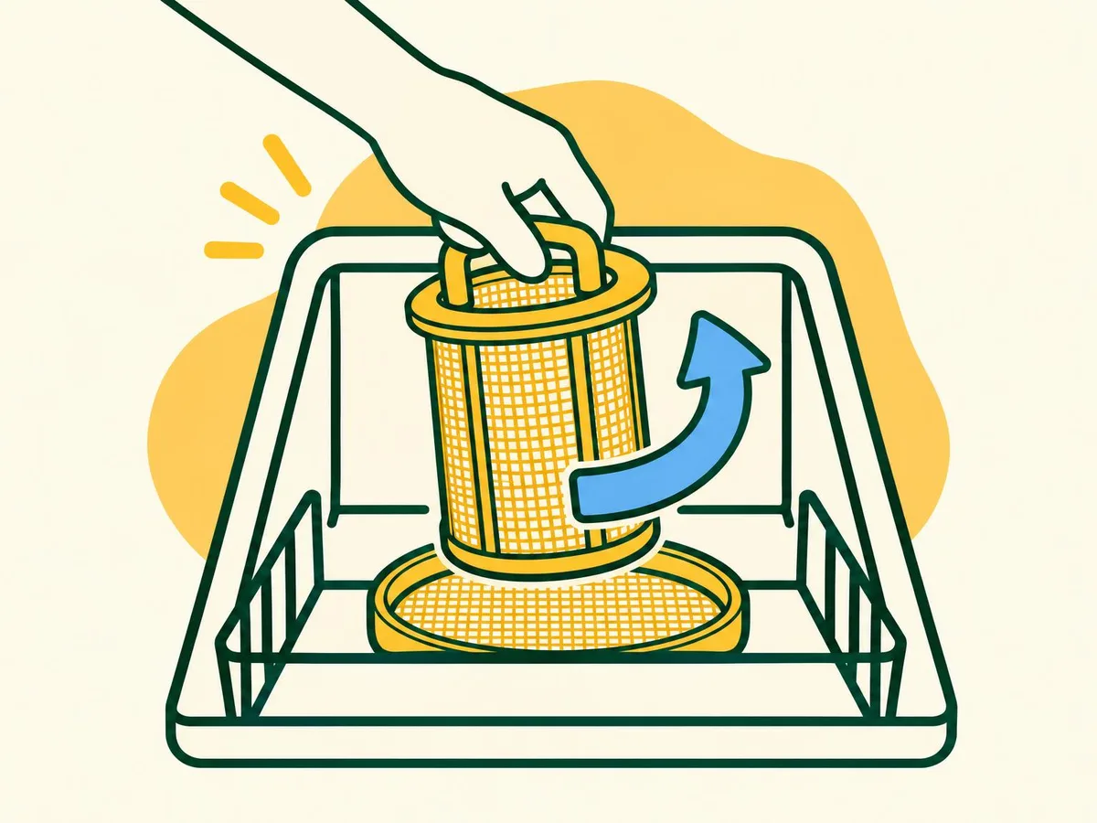 Illustration of a hand twisting the round filter anticlockwise and lifting it from the dishwasher floor