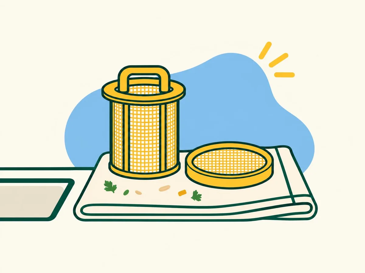 Illustration of the cylindrical filter and the flat mesh plate laid on a tea towel