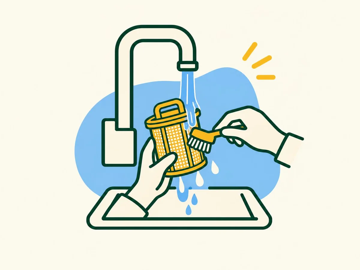 Illustration of a filter being rinsed under a tap and scrubbed with a small brush