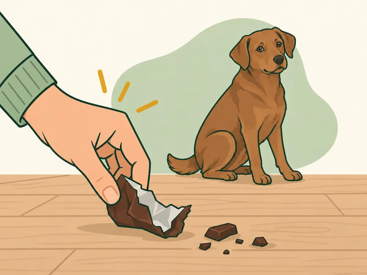 Illustration of a hand picking up a torn chocolate wrapper from the floor while a dog sits nearby