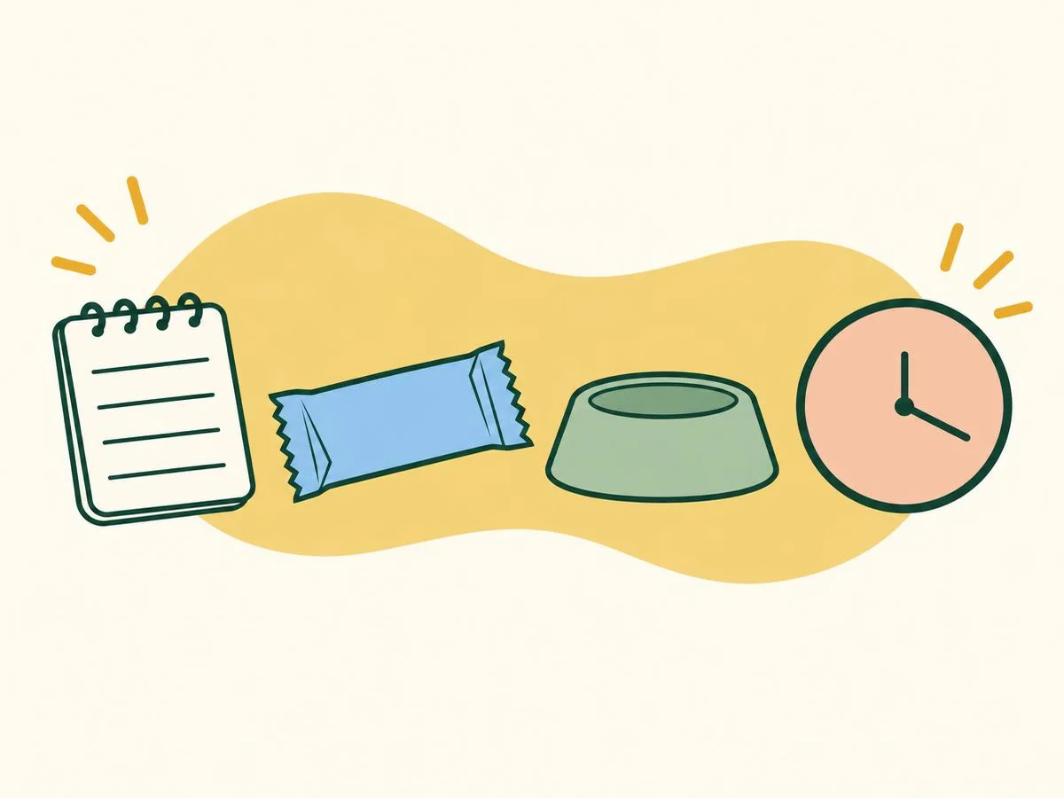 Illustration of a notepad with four blank lines next to a wrapper, a small dog bowl and a clock