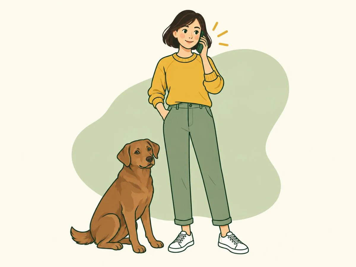 Illustration of a woman on the phone with her dog sitting calmly at her feet